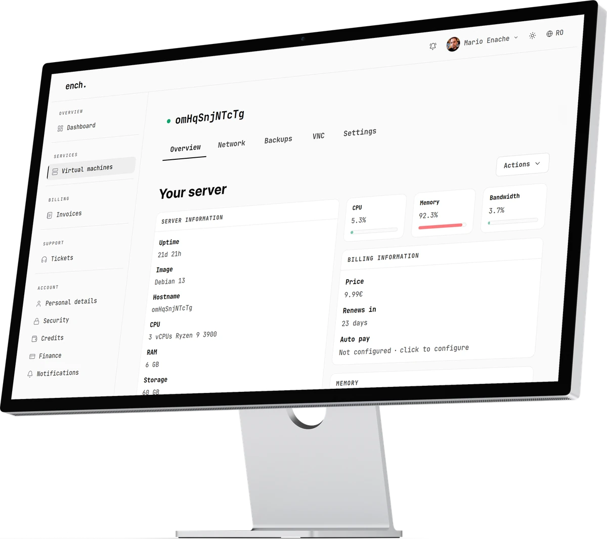The ench. client area on a monitor: a virtual machine overview with uptime, CPU, memory and billing
