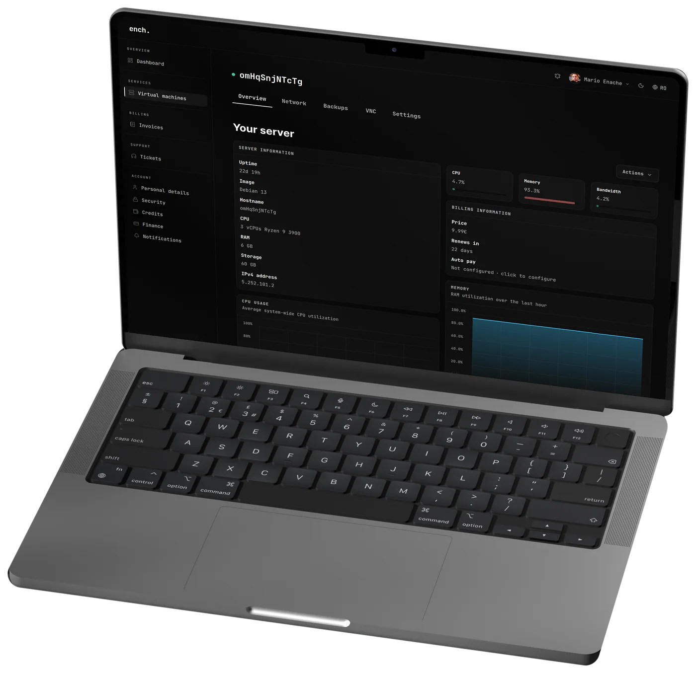 The ench. client portal on a laptop: a virtual machine overview with uptime, CPU, memory and billing